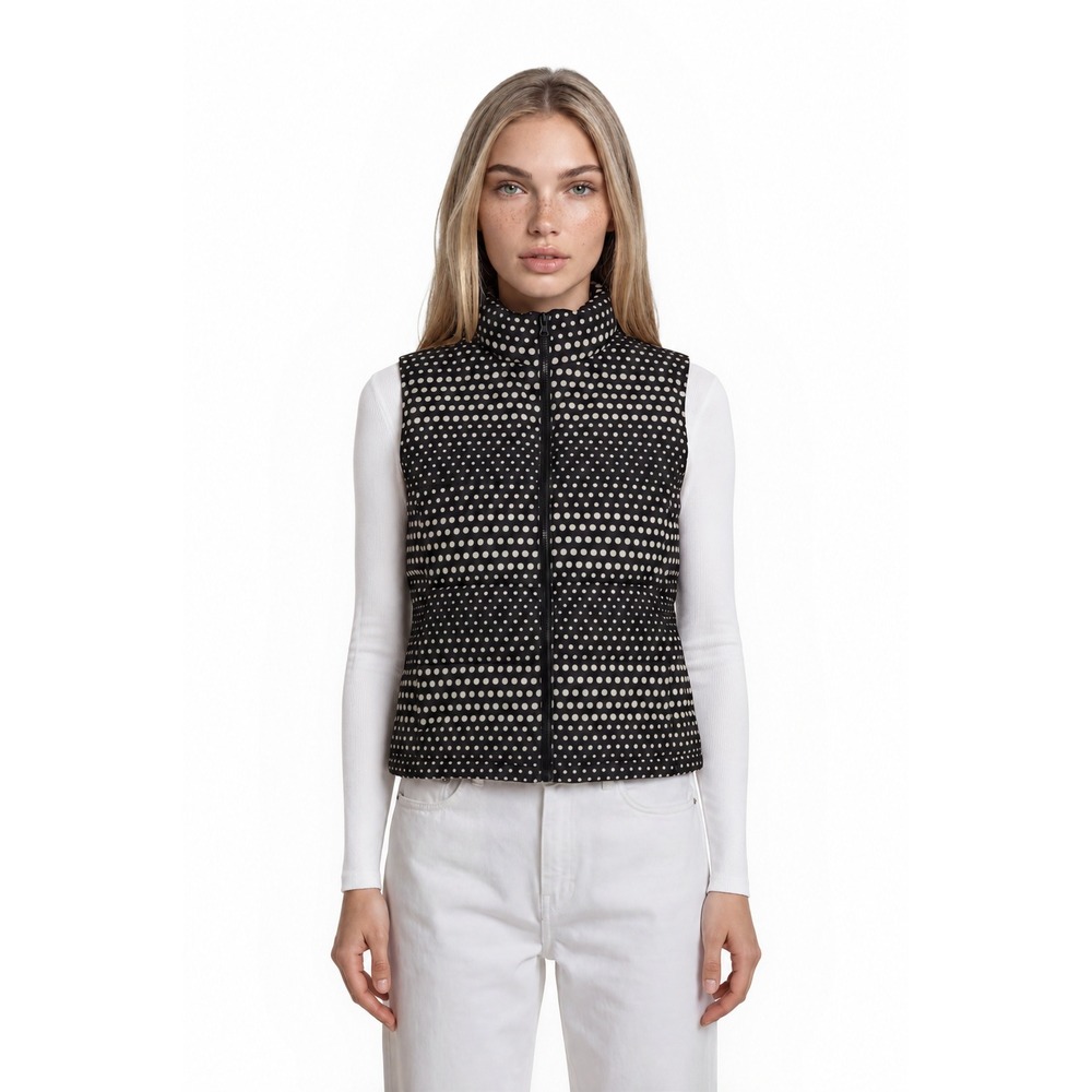 Talbots Down Polka Dot Puffer Vest Women's Size Medium Black White Full Zip